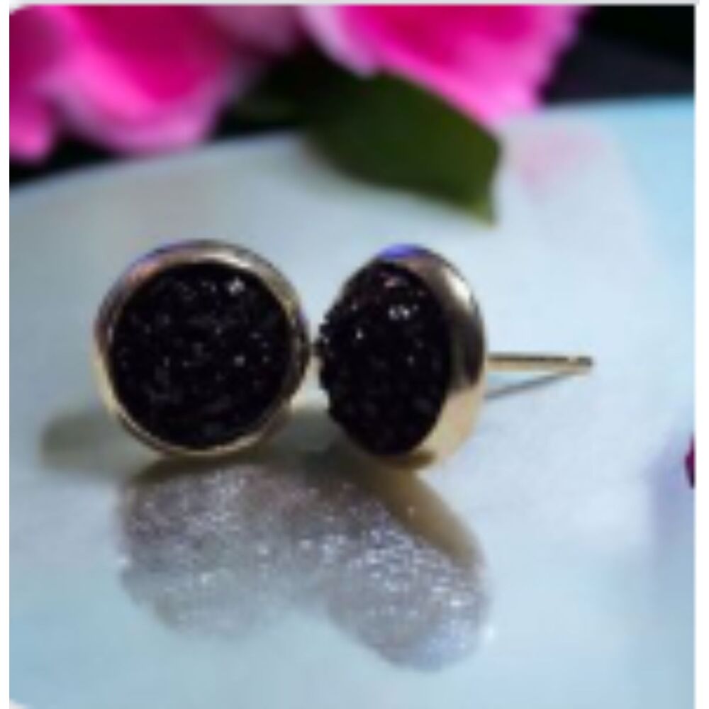 Black Druzy Silver Colored Stud Earrings, Dime Size, Kid Friendly, Never Worn